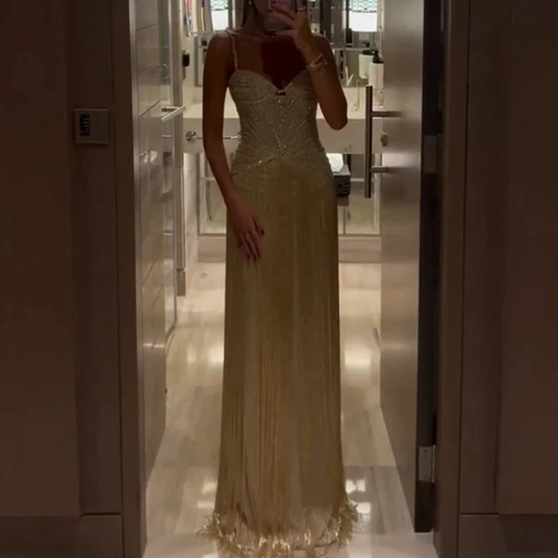 Women’s Gold Sequin Fringe Evening Gown | Strapless Corset Maxi Dress for Galas, Prom, Weddings & Formal Events