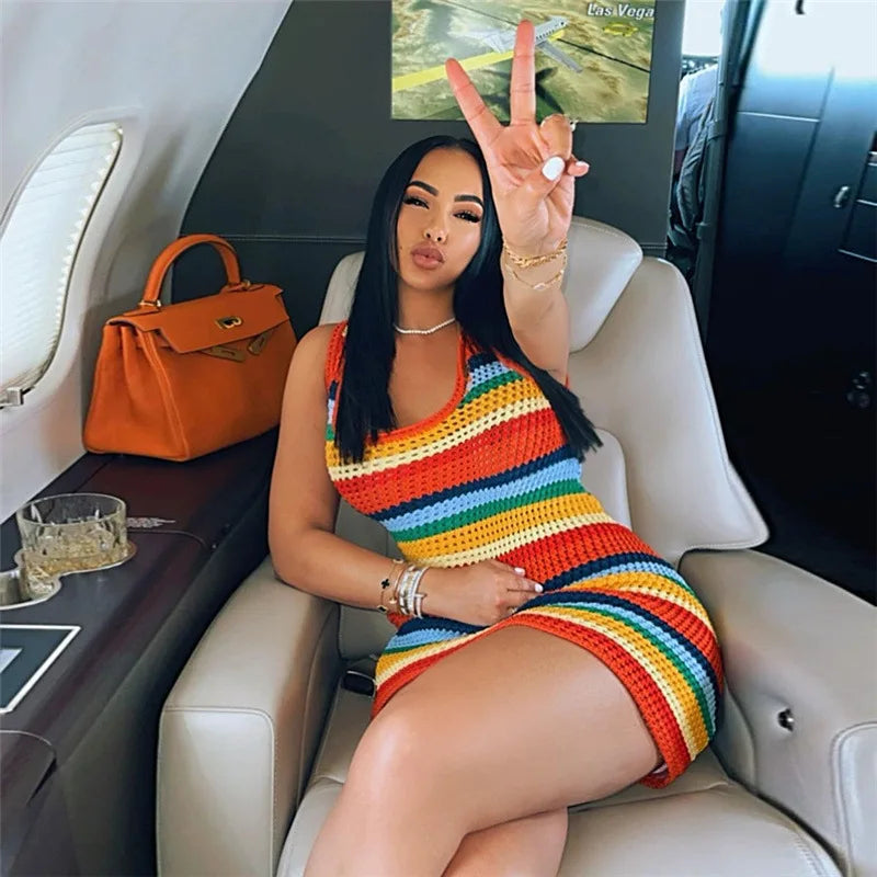 Rainbow Crochet Mini Dress Women | Sleeveless Knit Bodycon Summer Dress