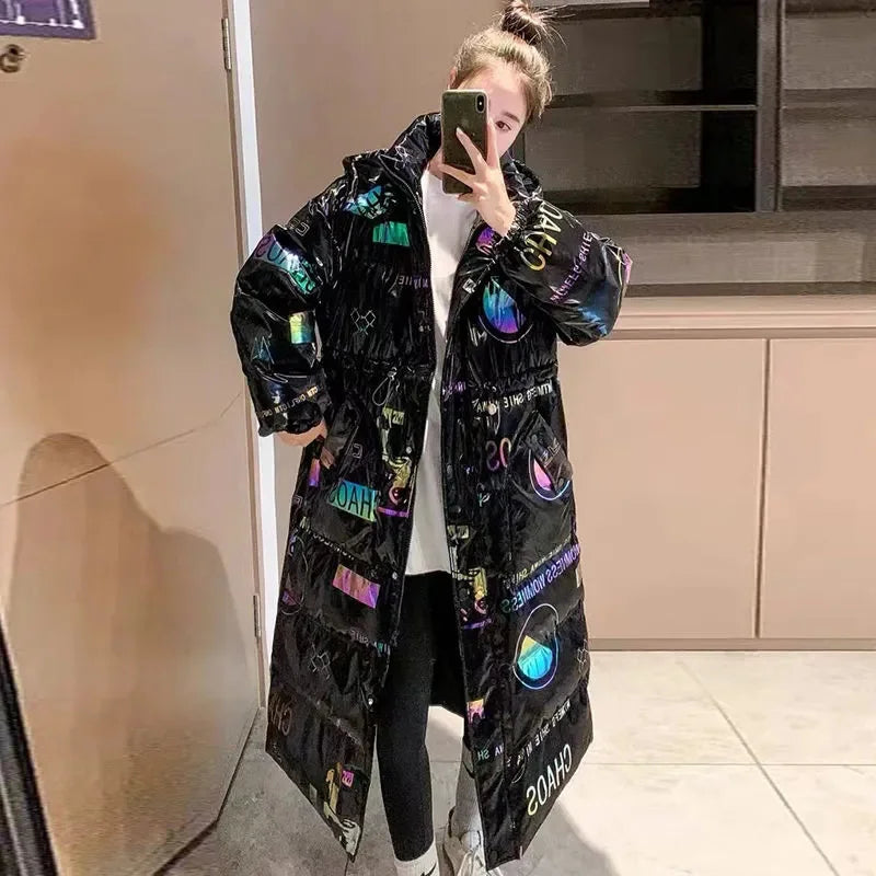 Women’s Black Oversized Graphic Puffer Coat | Long Hooded Quilted Winter Jacket with Streetwear Print for Cold Weather & Casual Wear