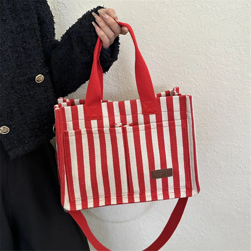 Striped Canvas Tote Bag for Women | Large Capacity Shoulder Handbag | Casual Travel Shopper Purse | Everyday Utility Tote