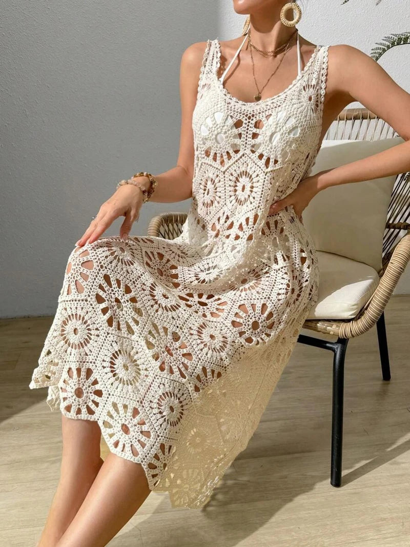 Boho Crochet Midi Dress | White Beach Vacation Dress