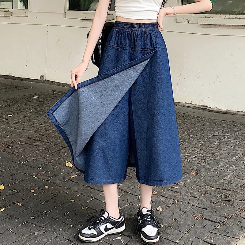 Women High Waist Denim Culottes Wide Leg Cropped Jeans Palazzo Skirt Pants