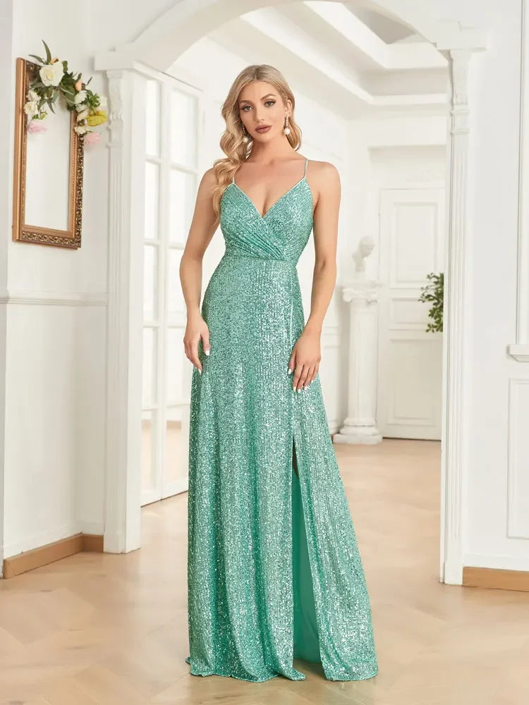 Women’s Mint Green Sequin Mermaid Evening Gown | Spaghetti Strap V-Neck Glitter Prom Dress with High Slit for Formal Events