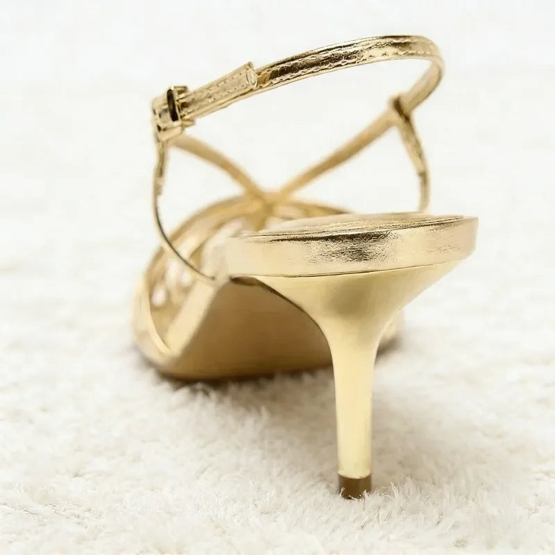 Women’s Metallic Strappy Kitten Heels – Elegant Pointed Toe Slingback Sandals for Party & Wedding Wear