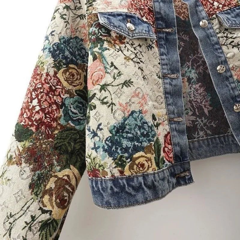 Women’s Floral Tapestry Denim Jacket | Vintage Embroidered Boho Cropped Statement Coat