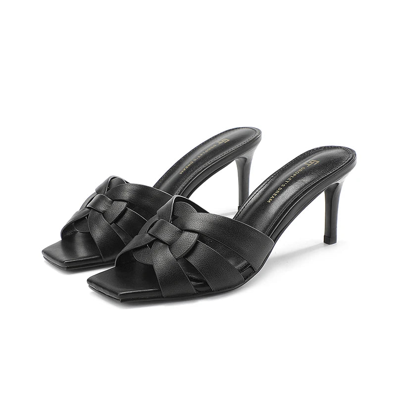 Women’s Woven Mule Heels – Elegant Square Toe Slip-On Sandals for Party & Evening Wear