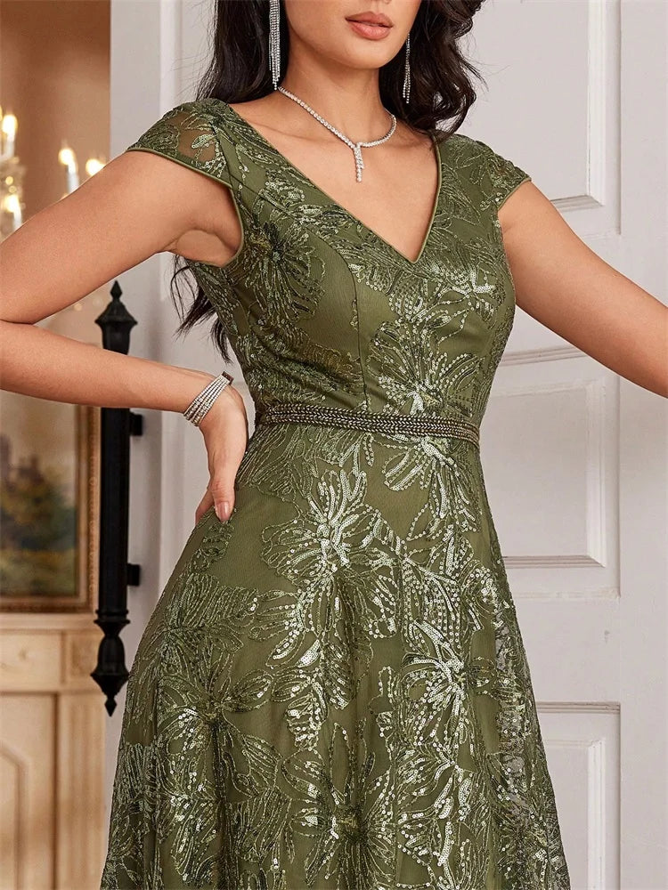 Women’s Olive Green Lace Evening Gown | V-Neck A-Line Formal Maxi Dress for Weddings, Mother of the Bride, Galas & Special Occasions