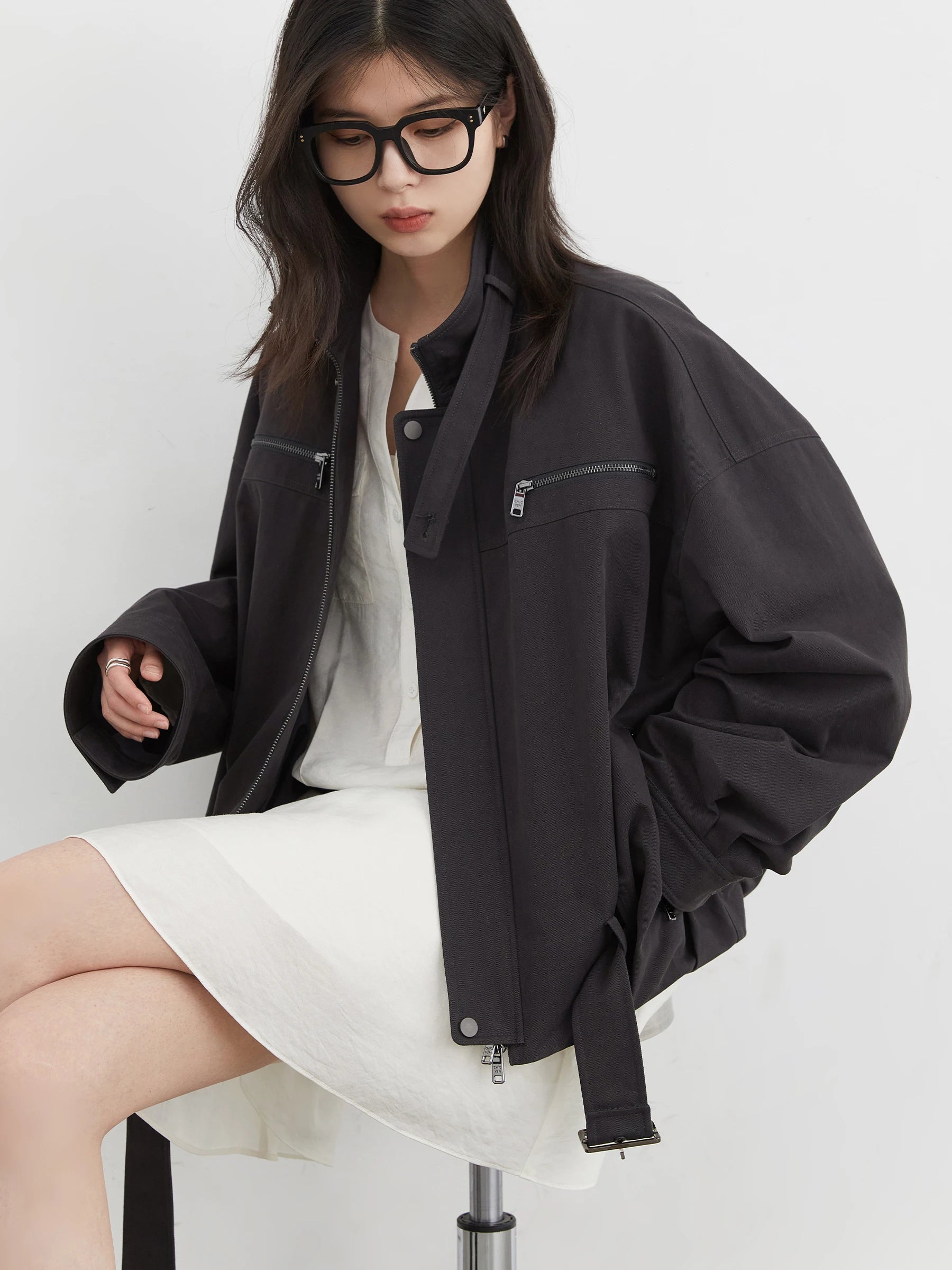 Women’s Taupe Faux Leather Bomber Jacket | Oversized Cropped Moto Jacket with Stand Collar for Casual, Streetwear & Fall Fashion