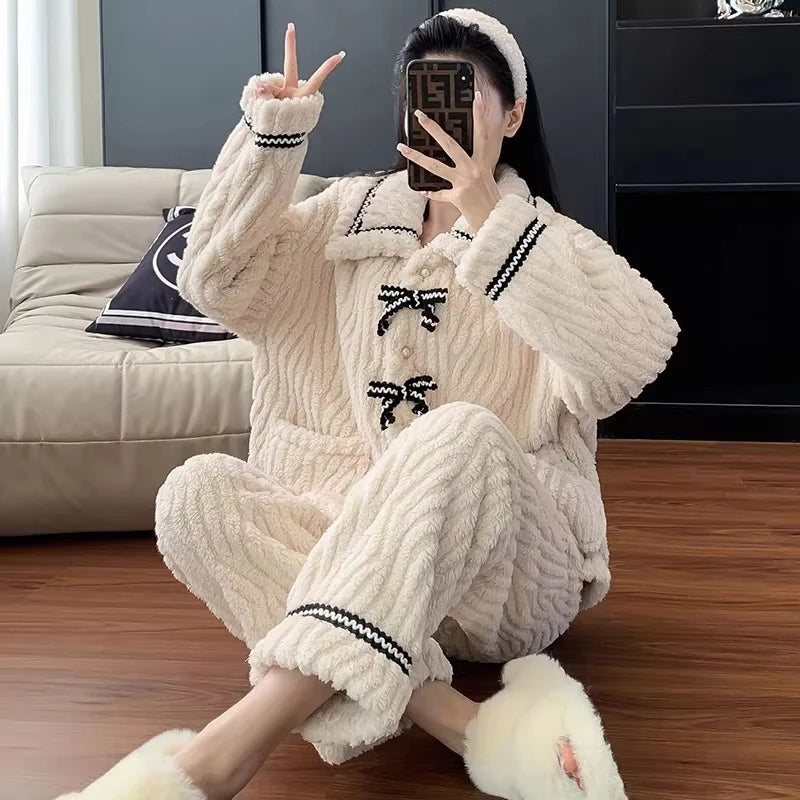 Women's Plush Fleece Pyjama Set | Cozy Button Up Loungewear & Sleepwear Two Piece Set