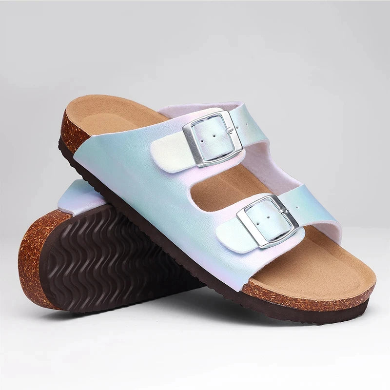 Women’s Double Buckle Slide Sandals – Comfortable Cork Footbed Slippers for Casual & Everyday Wear