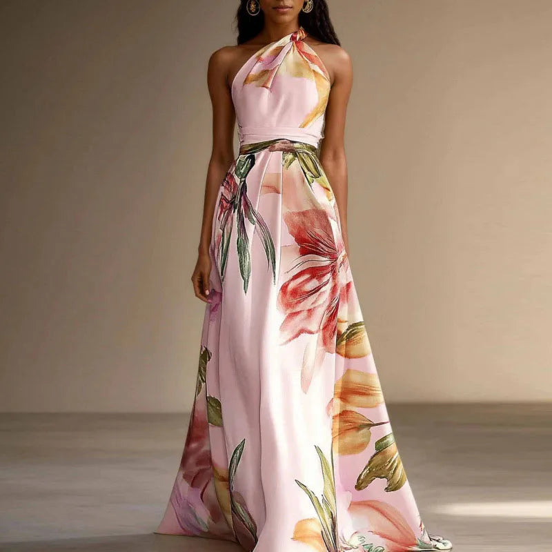 Floral Halter Neck Maxi Dress Women | A Line Elegant Summer Occasion Dress