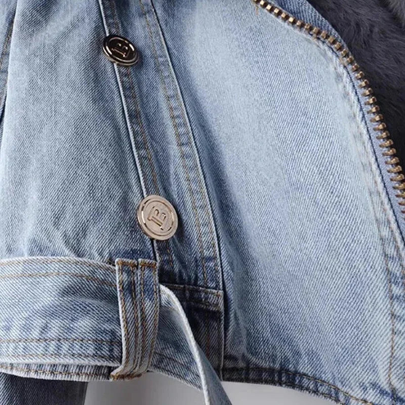 Women’s Faux Fur Denim Jacket | Luxury Cropped Winter Moto Coat
