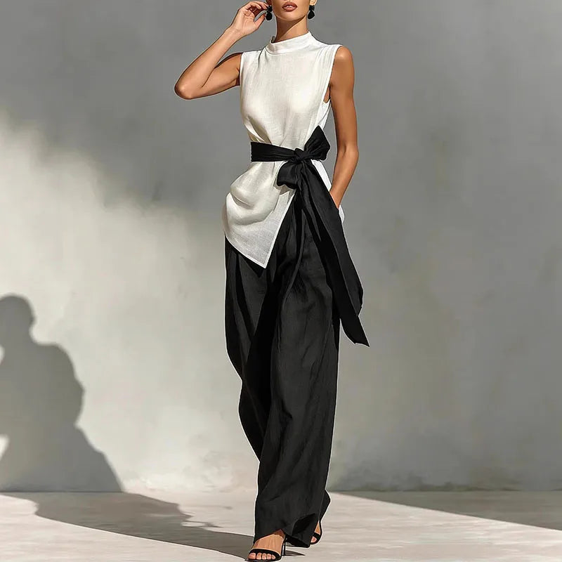 Women's Sleeveless High Neck Tunic & Wide Leg Trousers Co-Ord Set | Elegant Contemporary Two Piece Outfit