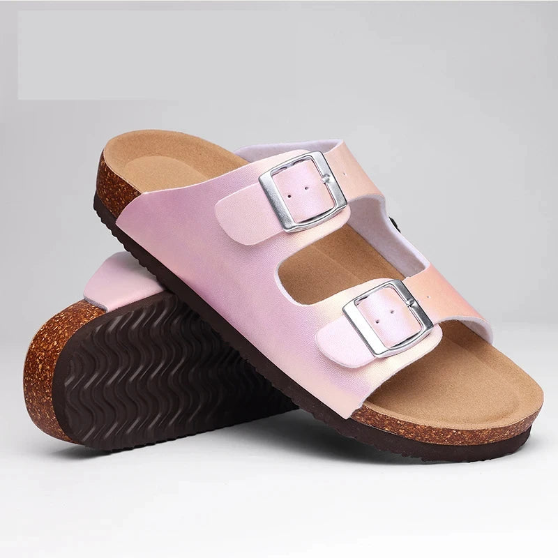 Women’s Double Buckle Slide Sandals – Comfortable Cork Footbed Slippers for Casual & Everyday Wear