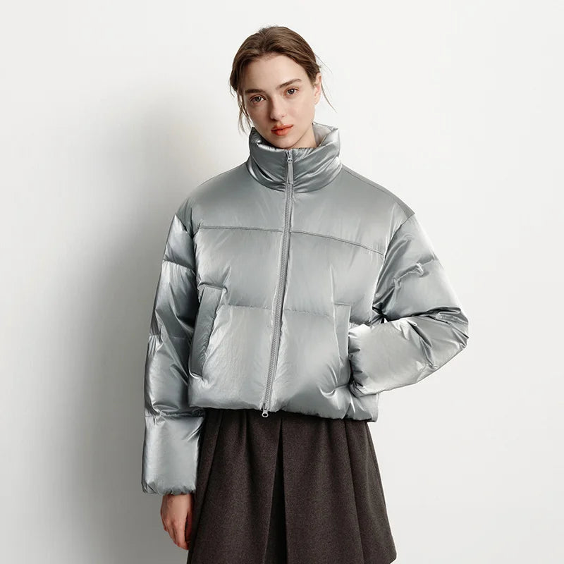 Women’s Silver Cropped Puffer Jacket | Lightweight High Neck Quilted Winter Coat for Casual Wear, Travel & Cold Weather