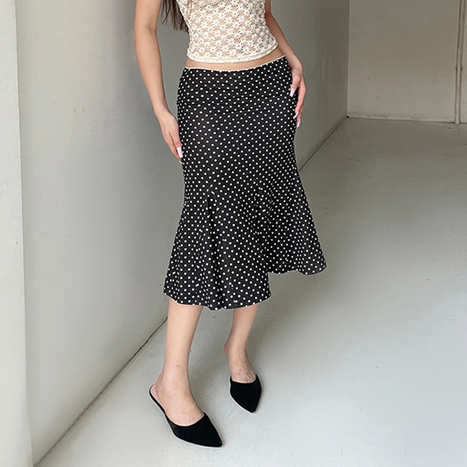 Women Polka Dot Mermaid Midi Skirt High Waist Vintage Flared Skirt