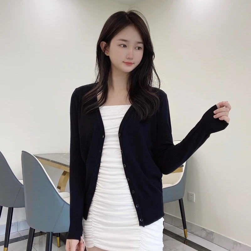 Women’s Black Lightweight Knit Cardigan | Slim Fit Button-Up V Neck Layering Sweater for Everyday Wear