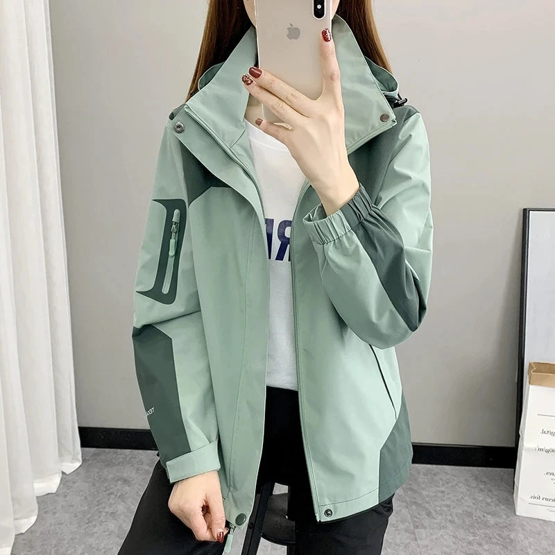 Women’s Sage Green Hooded Waterproof Windbreaker Jacket | Lightweight Outdoor Zip-Up Rain Jacket for Hiking, Travel & Everyday Wear