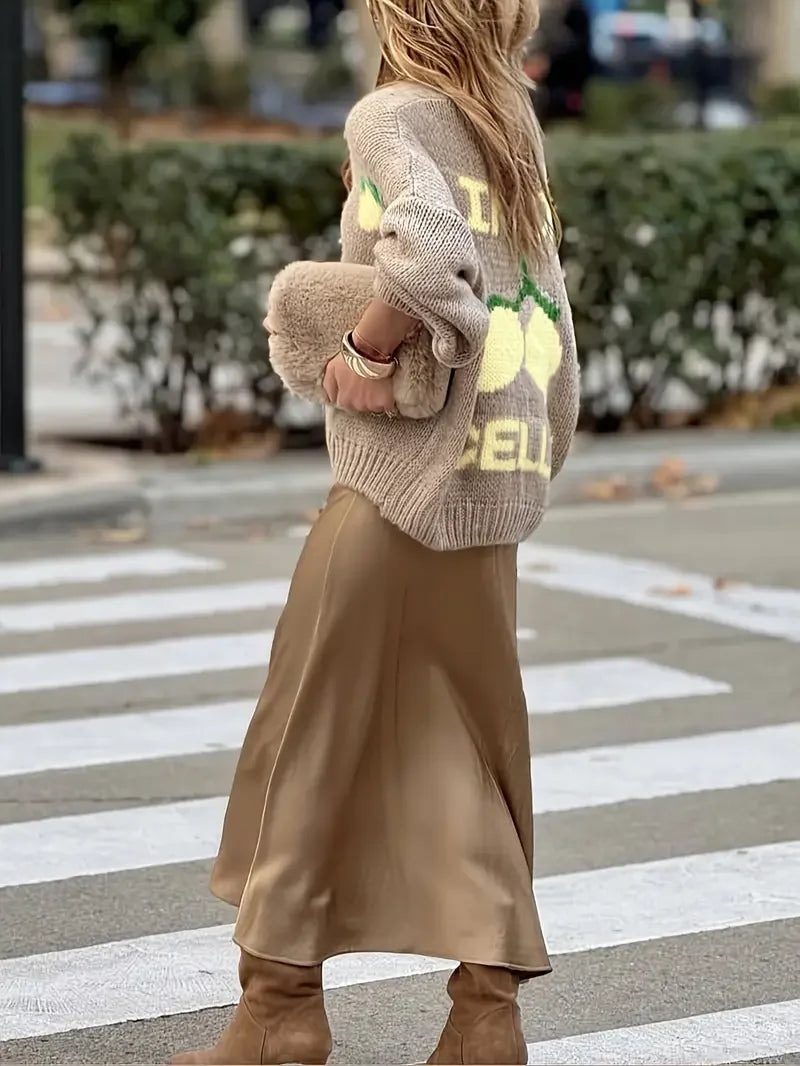 Women’s Oversized Graphic Knit Sweater | Vintage Fruit Pattern Cozy Chunky Pullover
