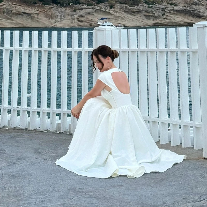Women’s Elegant Ivory Midi Dress | Minimalist A-Line Cocktail & Wedding Guest Dress