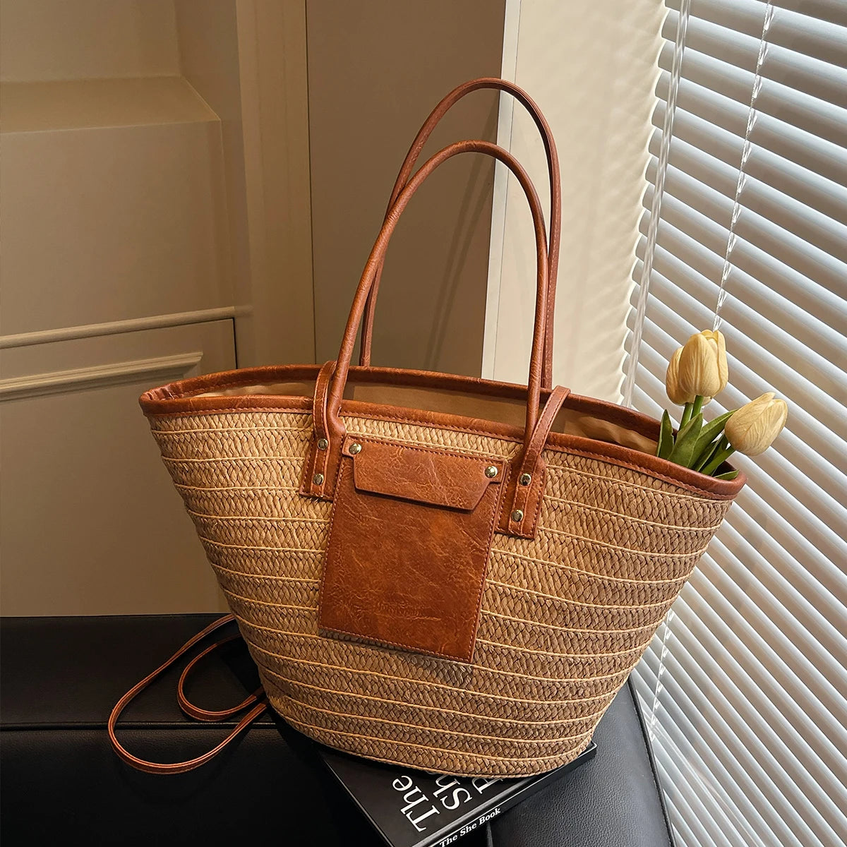 Woven Straw Tote Bag for Women | Summer Beach Shoulder Handbag | Boho Casual Shopper Purse | Large Capacity Travel Bag