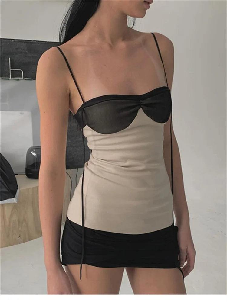 Women’s Contrast Trim Bodycon Mini Dress | Beige & Black Spaghetti Strap Party Dress for Date Night
