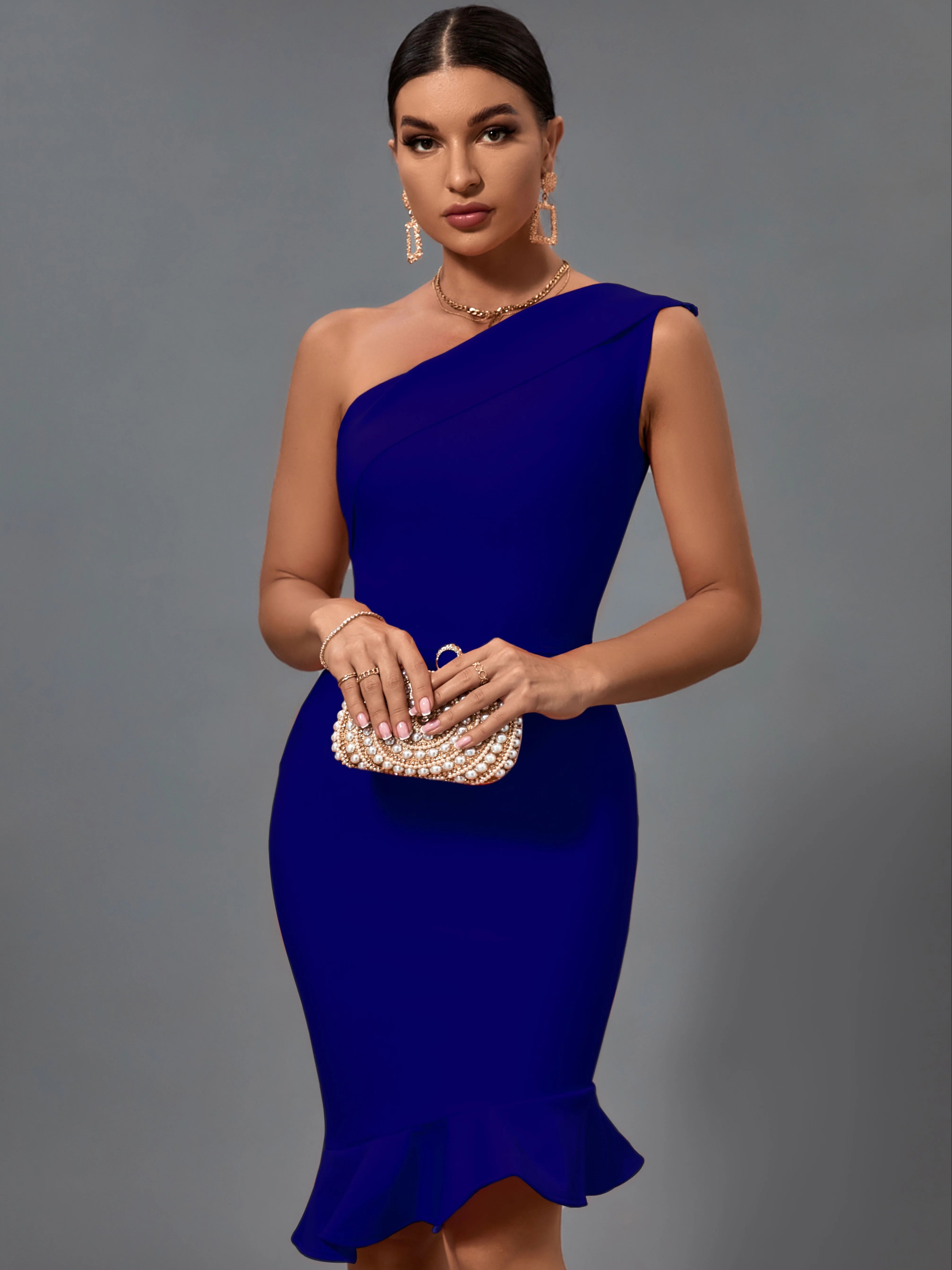 One Shoulder Bodycon Midi Dress Women | Ruffle Hem Elegant Party Dress