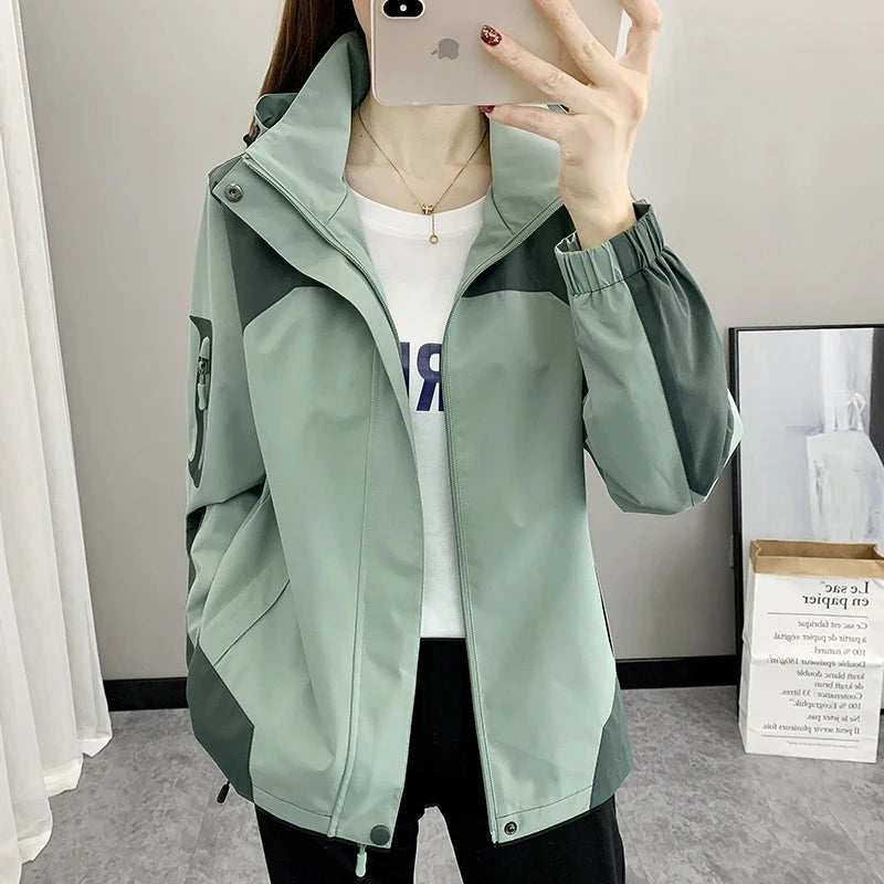 Women’s Sage Green Hooded Waterproof Windbreaker Jacket | Lightweight Outdoor Zip-Up Rain Jacket for Hiking, Travel & Everyday Wear