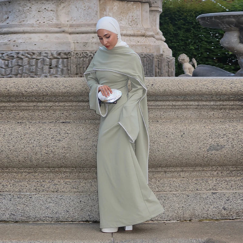 Women’s Sage Modest Abaya Dress Set | Elegant Pearl Trim Maxi Kaftan with Matching Shawl for Eid, Ramadan & Formal Occasions