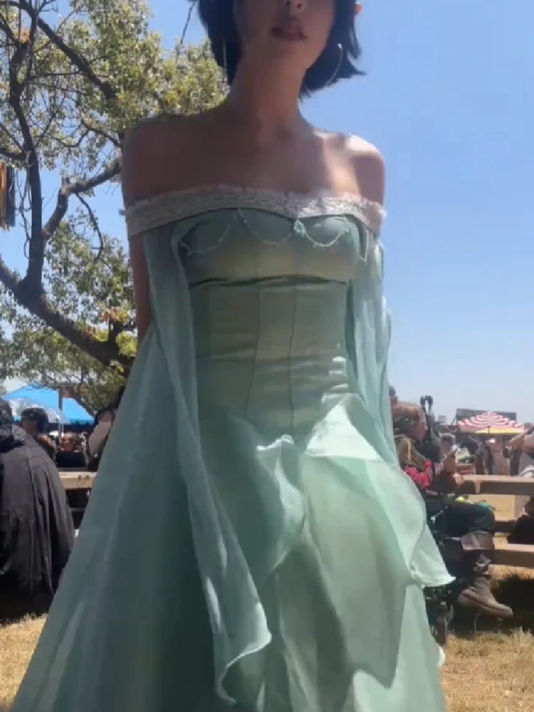Women’s Sage Green Off Shoulder Princess Ball Gown | Corset Maxi Dress with Cape Sleeves for Prom, Renaissance Fair & Formal Events