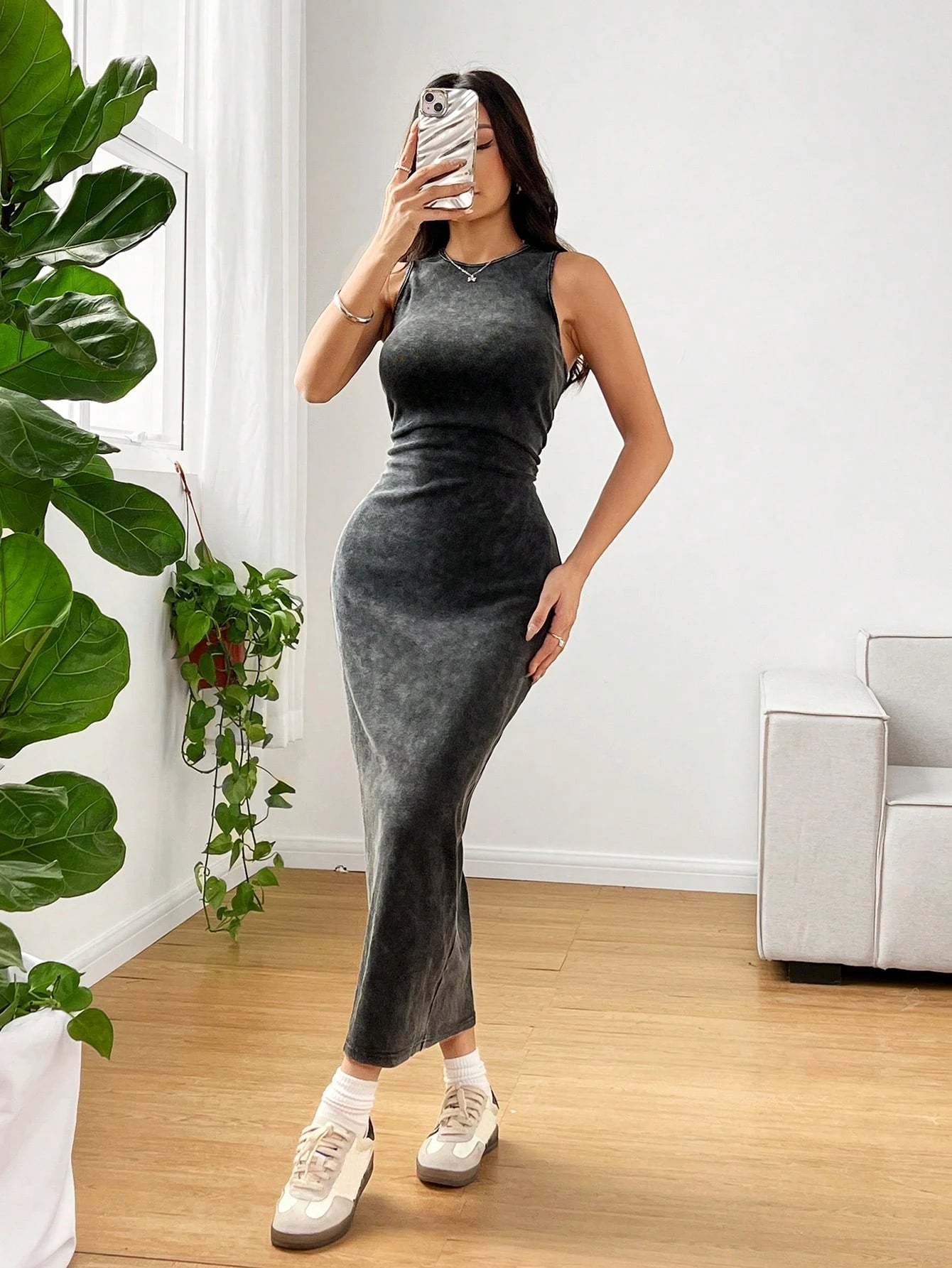 Washed Black Bodycon Midi Dress | Casual Street Style Dress