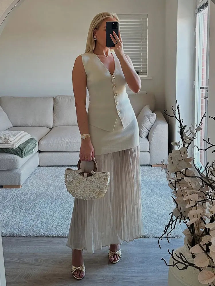 Women's Tailored Waistcoat & Pleated Maxi Skirt Co-Ord Set | Elegant Two Piece Occasion Outfit