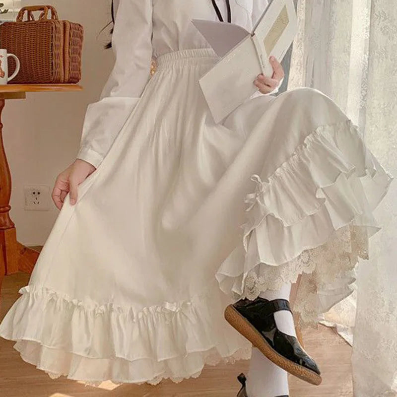 Women Gothic Ruffle Maxi Skirt High Waist Layered Cottagecore Long Skirt