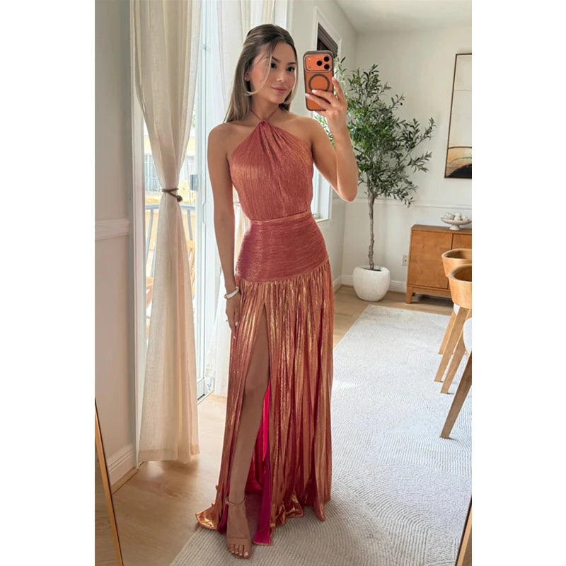 Halter Neck Pleated Maxi Dress Women | High Split Evening Party Dress