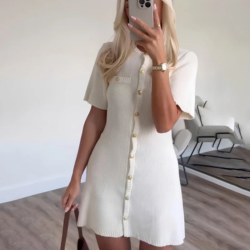 Women’s Ribbed Knit Mini Dress | Vintage Button-Front Collared A-Line Dress for Elegant Casual & Summer Wear