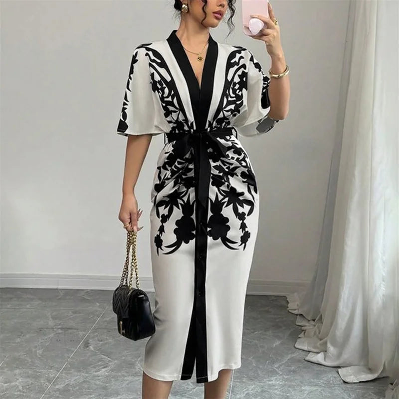 Kimono Midi Dress Women | Belted Loose Fit Elegant Casual Dress