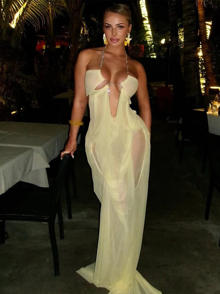 Sheer Bodycon Maxi Dress Women | Cut Out Halter Evening Party Dress