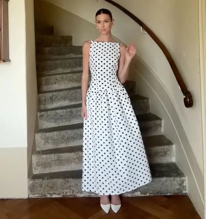 Women’s White Polka Dot Sleeveless Maxi Dress | Vintage Fit & Flare A-Line Midi Dress for Weddings, Garden Parties & Summer Events