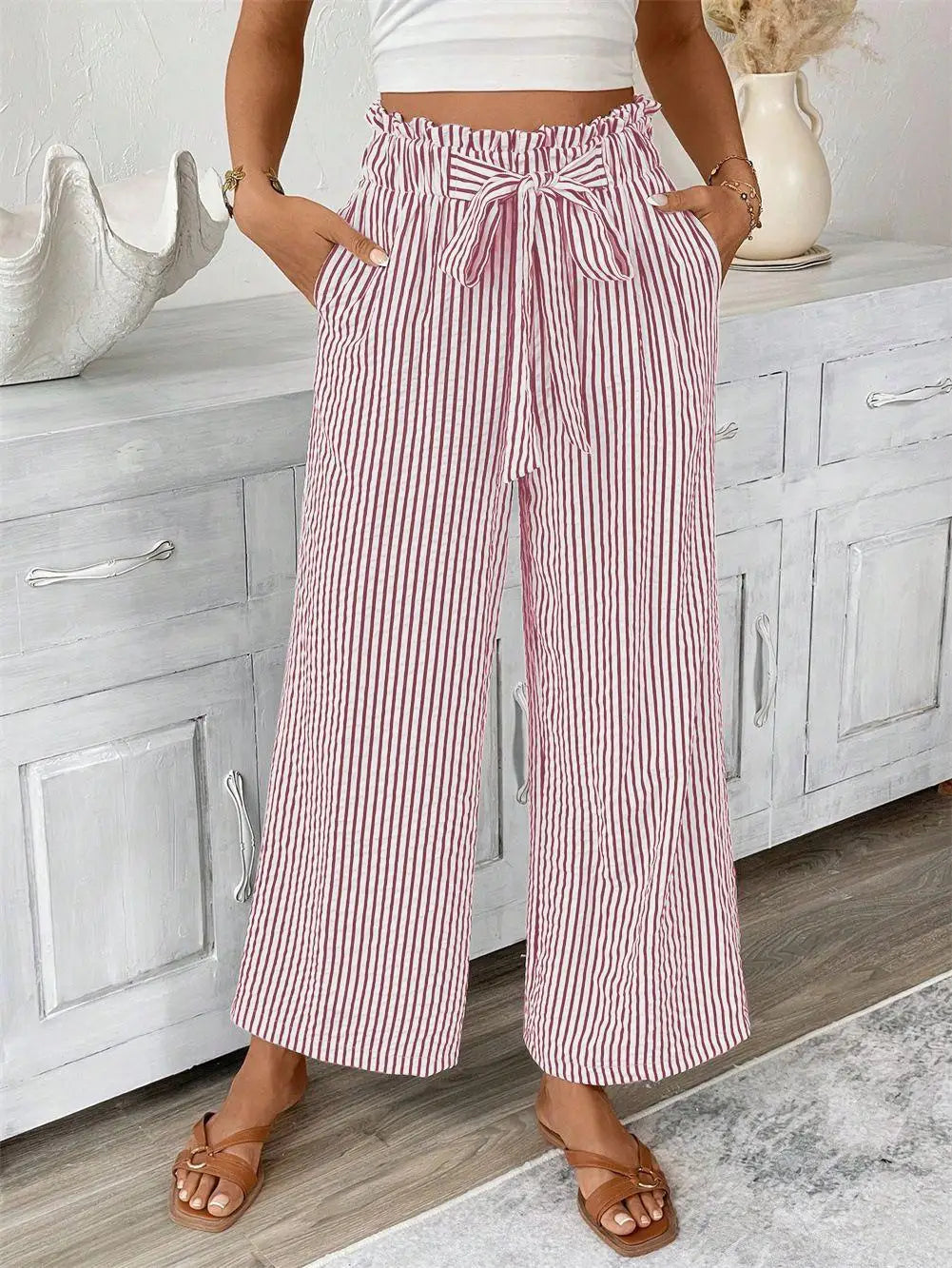 Women High Waist Striped Wide Leg Pants Casual Tie Waist Palazzo Trousers