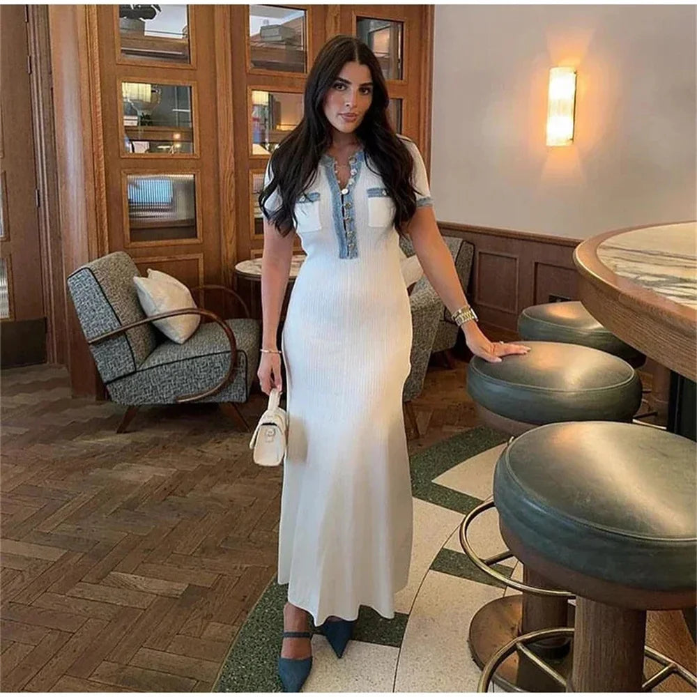 Women’s Cream Knit Maxi Dress | Vintage Button Detail Bodycon Dress for Elegant Casual & Vacation Wear