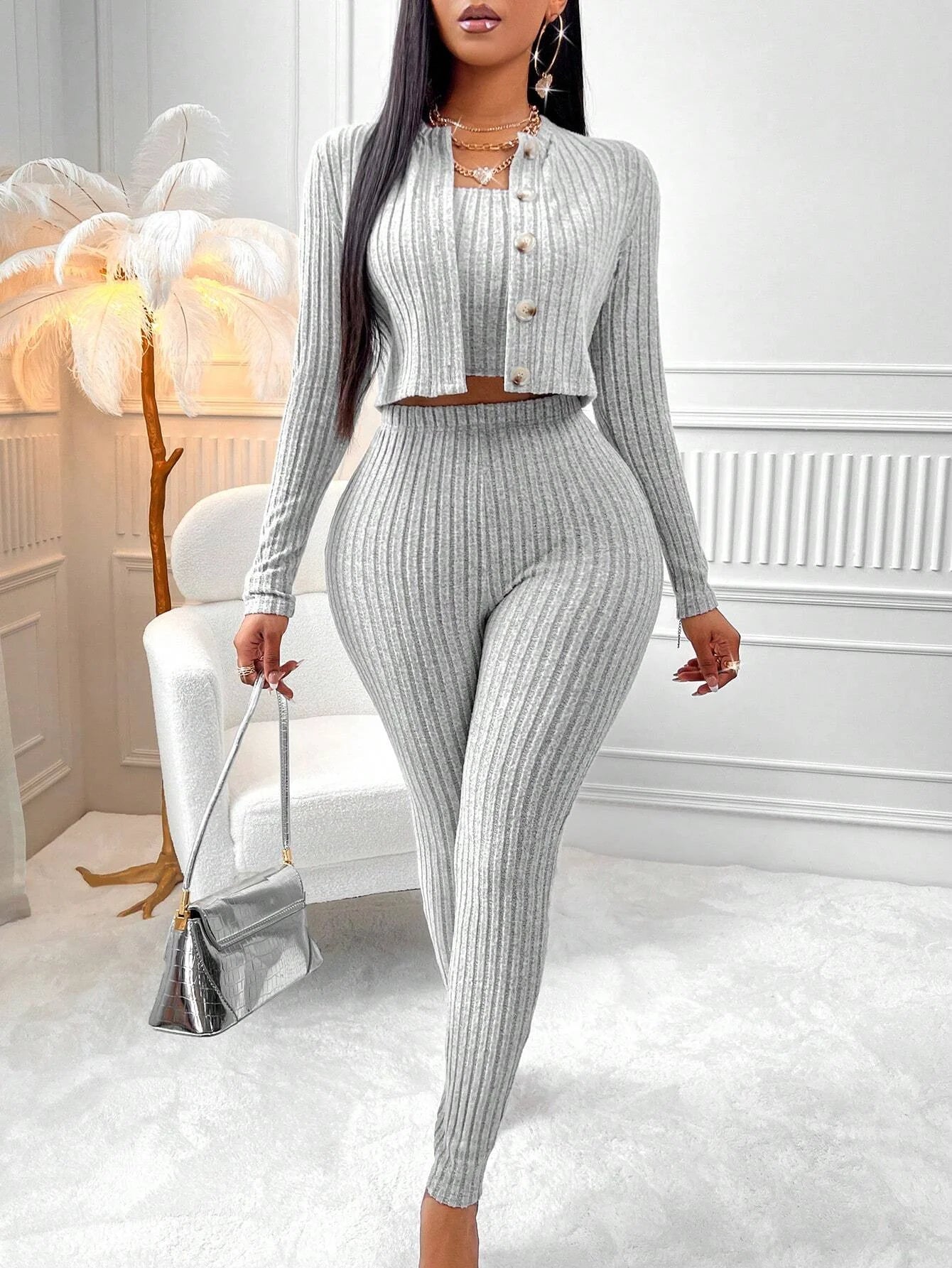 Women's Ribbed Knit Three Piece Co-Ord Set | Bandeau Top, Cardigan & High Waist Trousers Outfit