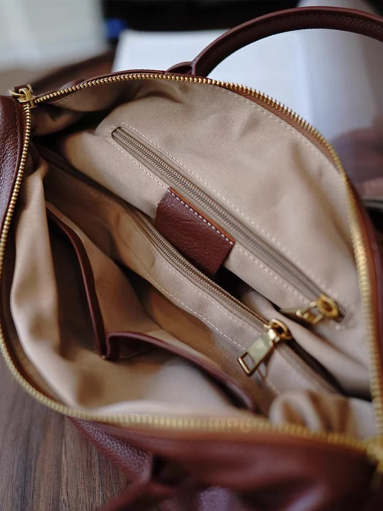 Vintage Leather Boston Bag for Women | Large Weekender Duffel Bag | Soft Leather Travel Tote | Elegant Carry-On Shoulder Handbag