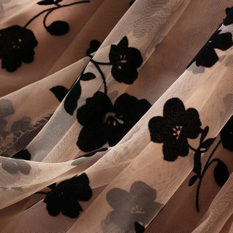 Women Floral Embroidered Tulle Maxi Skirt High Waist Mesh A Line Skirt