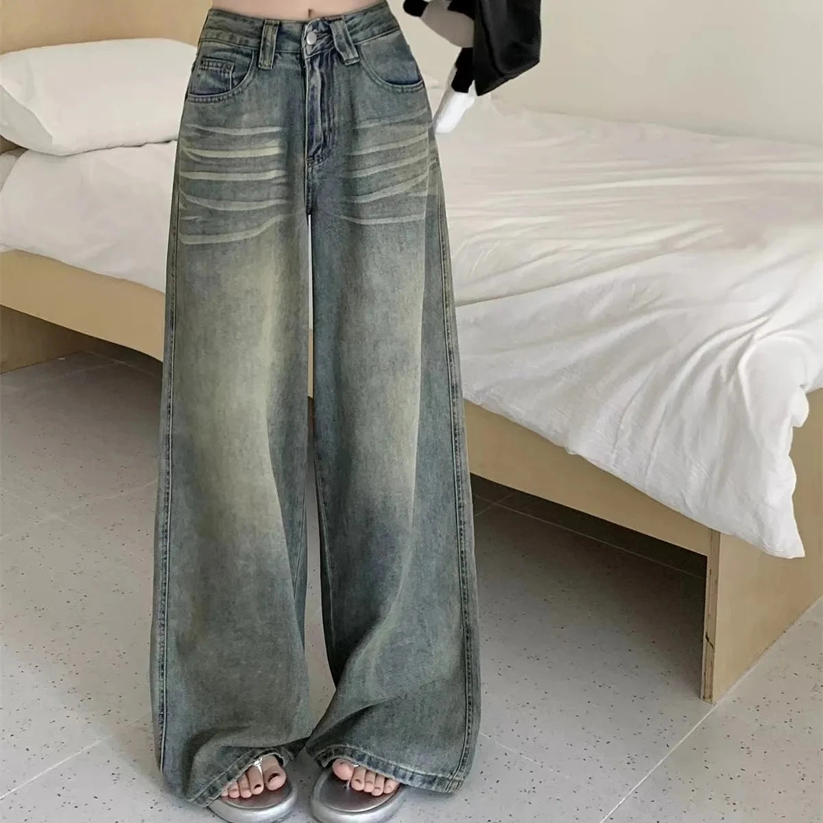 Women Vintage Wide Leg Jeans High Waist Baggy Denim Pants Streetwear Trousers