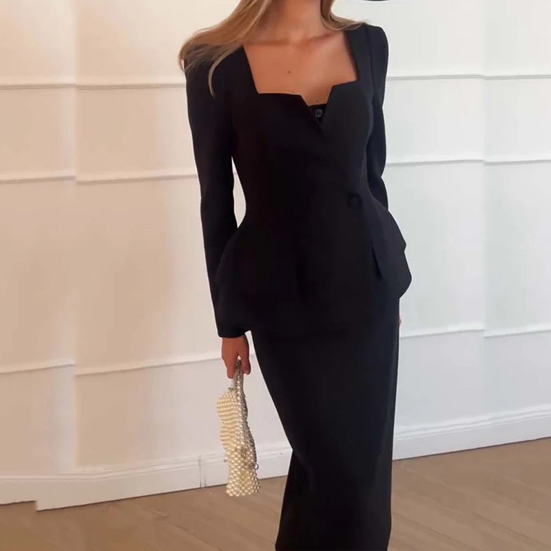 Women's Tailored Blazer & Midi Skirt Co-Ord Set | Elegant Formal Two Piece Suit Outfit