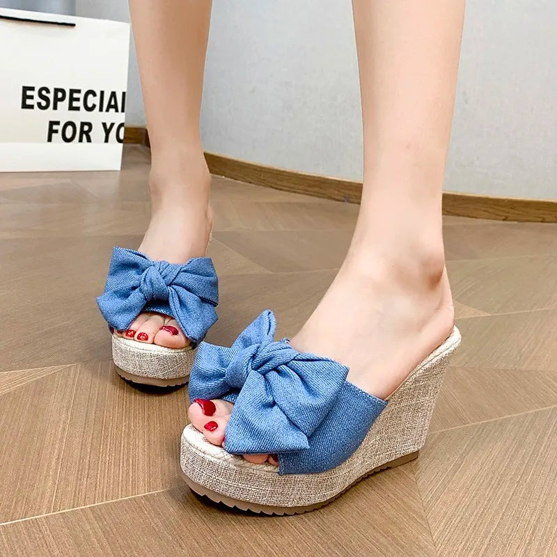 Women’s Bow Wedge Slide Sandals – Stylish Platform Slippers for Casual, Beach & Summer Wear
