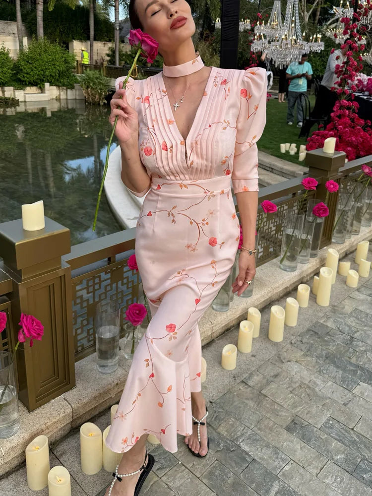 Women’s Blush Pink Floral Mermaid Midi Dress | Vintage Puff Sleeve V-Neck Elegant Wedding Guest Dress
