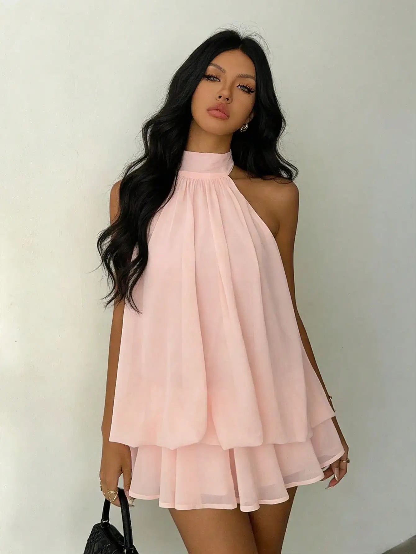 Women’s Blush Pink Halter Neck Chiffon Mini Dress | Flowy Layered A-Line Cocktail Dress for Parties, Date Nights & Summer Events