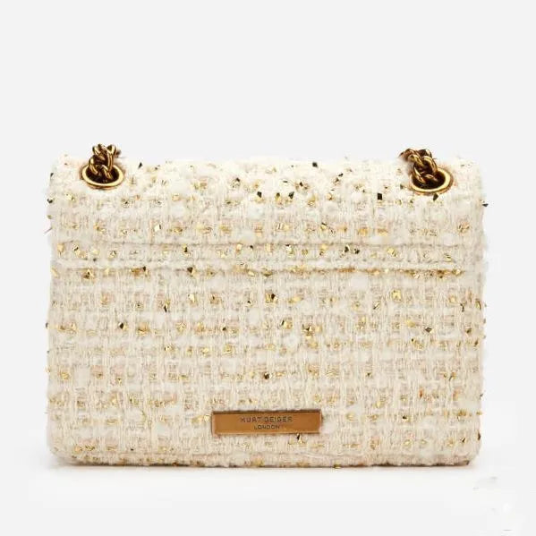 Luxury Tweed Crossbody Bag for Women | Elegant Pearl Embellished Chain Shoulder Bag | Designer Style Evening Party Handbag