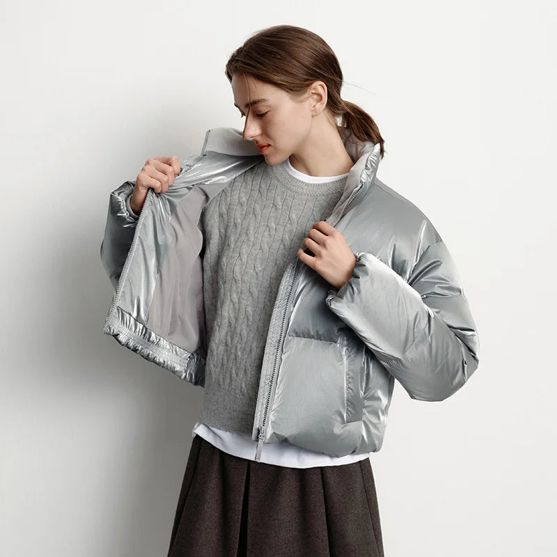 Women’s Silver Cropped Puffer Jacket | Lightweight High Neck Quilted Winter Coat for Casual Wear, Travel & Cold Weather